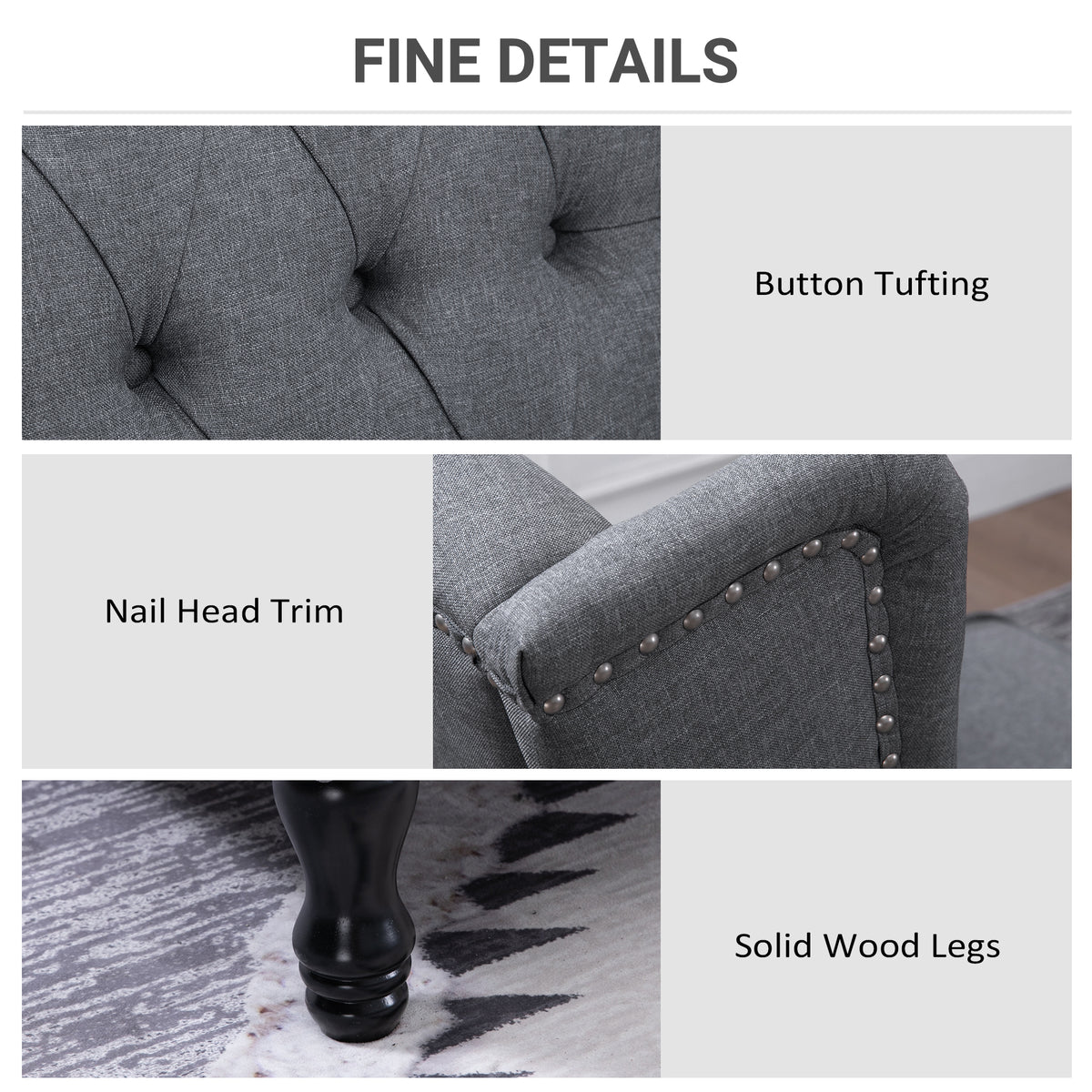 HOMCOM recliner details showing button tufting, nailhead trim, and solid wood legs