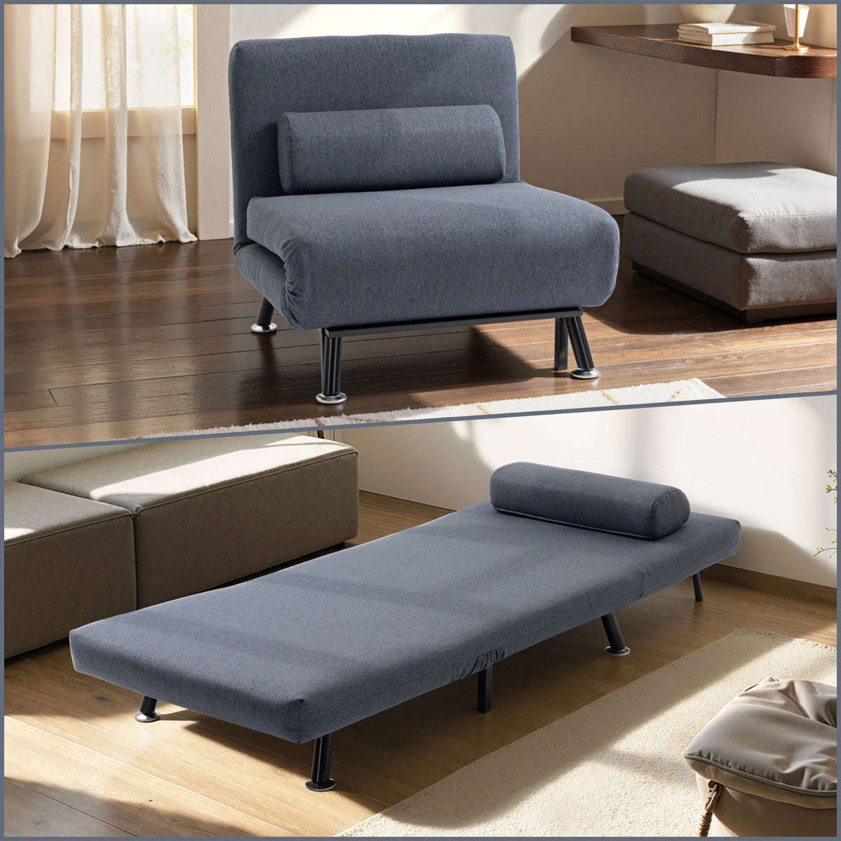 HOMCOM sleeper chair shown upright and extended into a flat bed