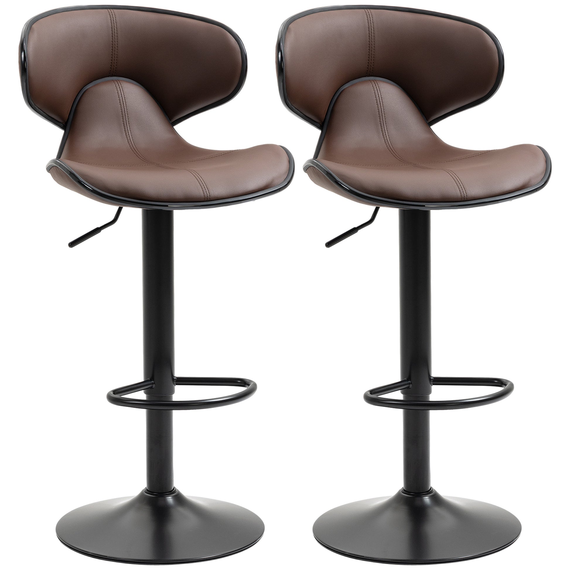 Photo of HOMCOM Adjustable Swivel Bar Stools Set of 2, Barstools with Footrest and Backrest, Steel Frame Gas Lift, for Kitchen Counter Dining Room, Brown in Brown colour on a white background