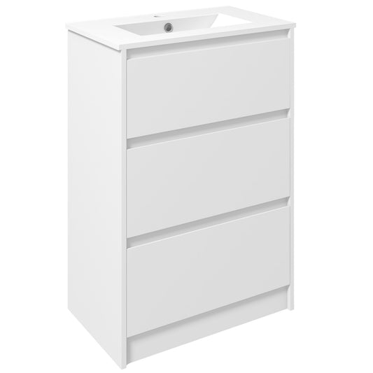 Photo of kleankin 600mm Bathroom Vanity Unit with Basin and Single Tap Hole, High Gloss White Floor Standing Bathroom Sink Unit with 2 Drawers for Cloakroom in Cloakroom colour on a white background