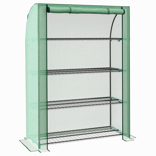 Photo of Outsunny 4 Tier Mini Greenhouse with Reinforced PE Cover, Portable Indoor Outdoor Green House with Roll-up Door and Wire Shelves, 170H x 120W x 50Dcm, Green in Green colour on a white background