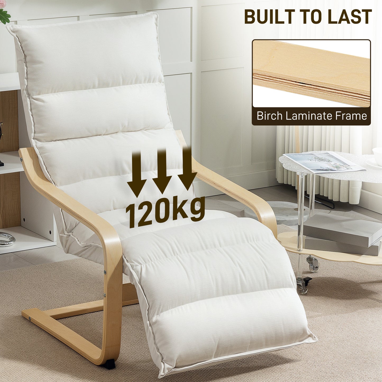 HOMCOM Curved Wooden Accent Chair, with Adjustable Footrest - Cream White