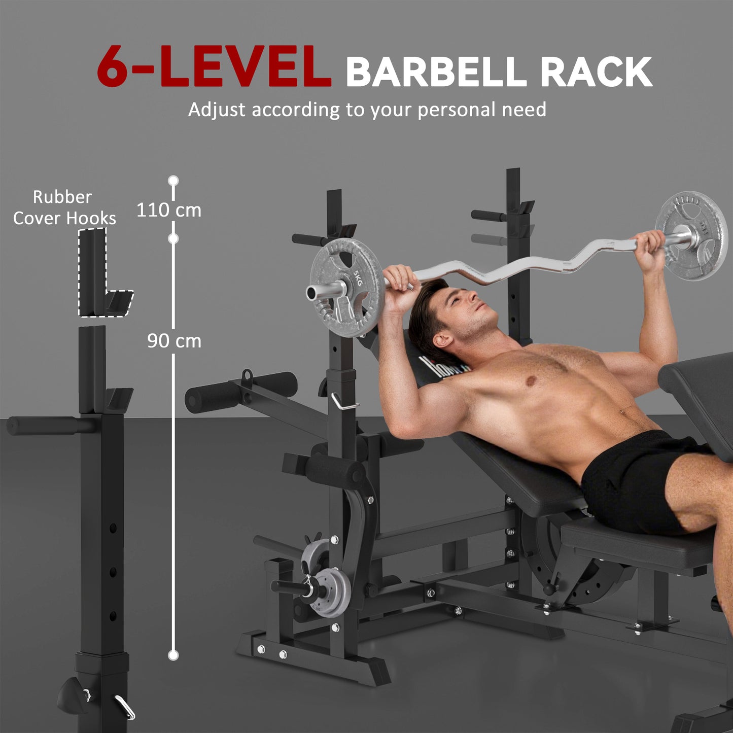HOMCOM Weight Bench, 6 in 1 Adjustable Bench Press with Leg Extension, Barbell Rack, Preacher Curl Pad, Resistance Band, Multi-Function Home Gym Equipment for Strength Training Weightlifting
