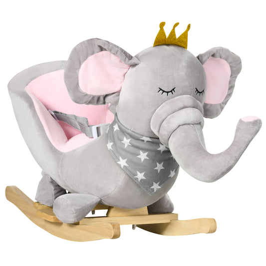 Photo of HOMCOM Kids Elephant-Designed Rocking Horse, with Safety Belt, Wooden Base, for Ages 18-36 Months - Grey in Grey colour on a white background