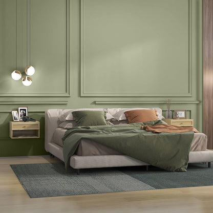 Pair of wood-effect floating bedside tables with rattan drawer fronts beside a bed