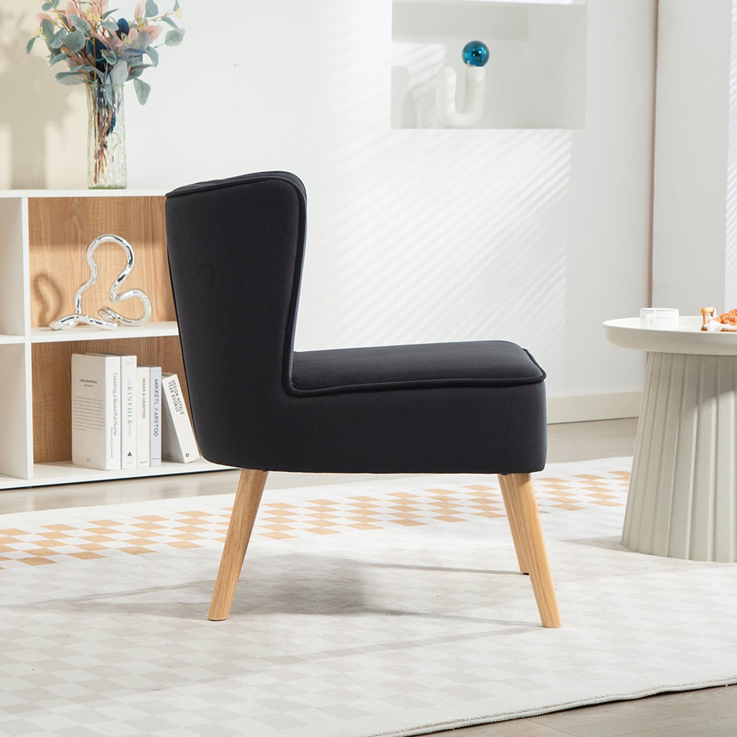 HOMCOM Modern Accent Chair, Fabric Living Room Chair with Rubber Wood Legs and Thick Padding, Black