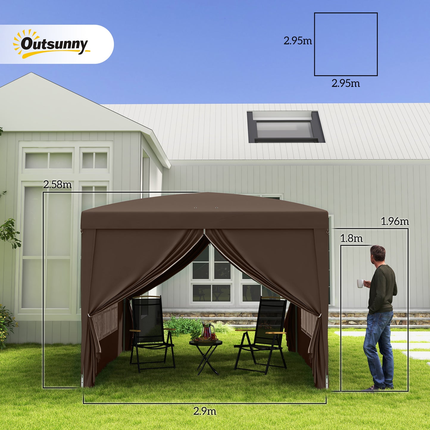 Outsunny 3x3(m) Pop-Up Gazebo, with Curtain Walls and Windows, Coffee