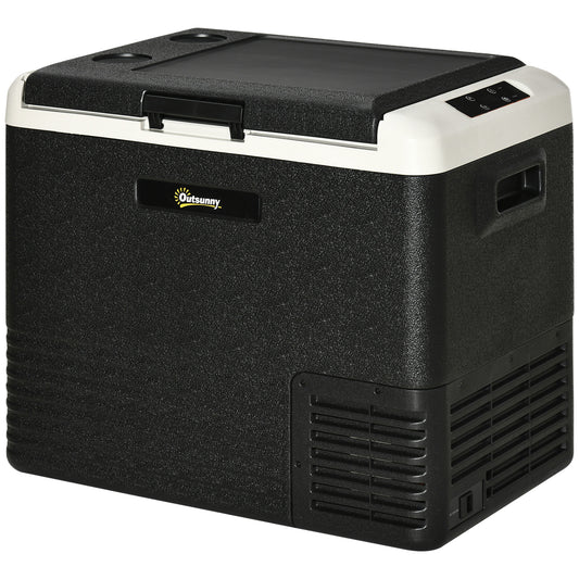 Outsunny portable car refrigerator with closed lid, cup holders and side ventilation grille