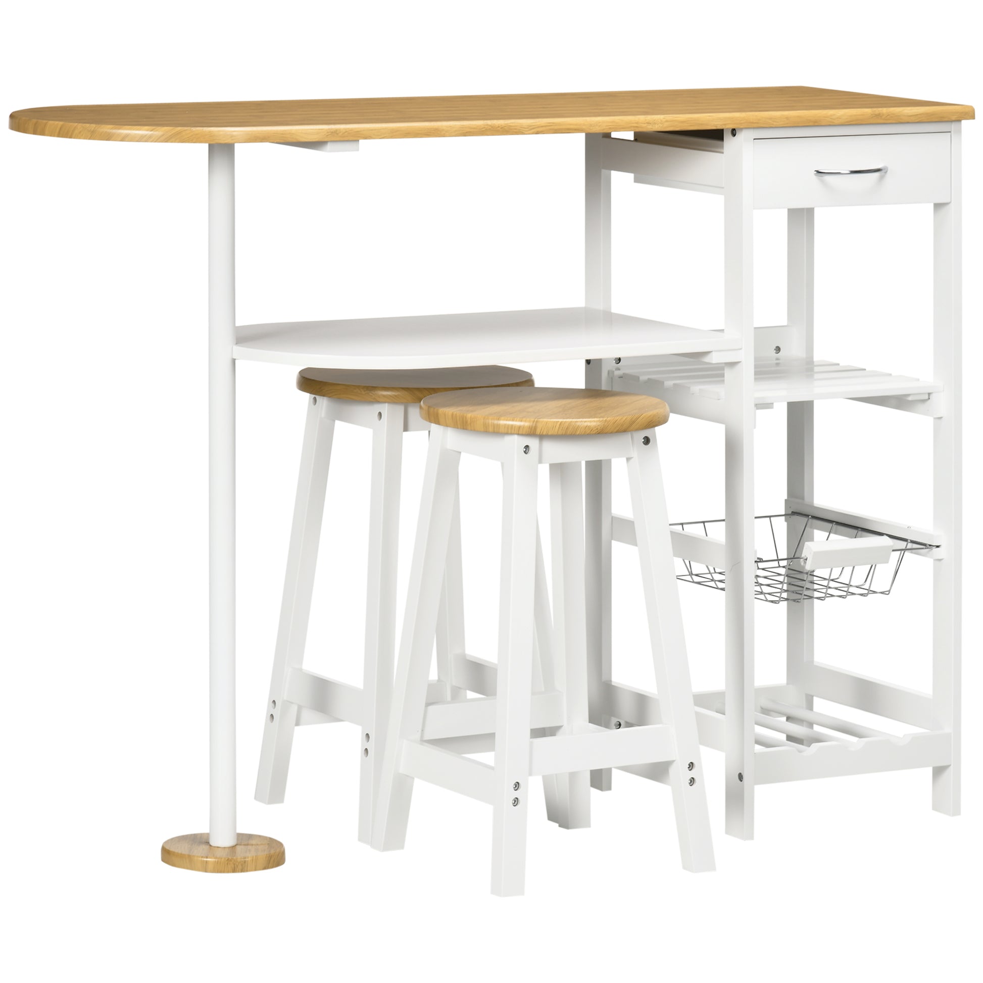 Photo of HOMCOM 3 Piece Bar Table Set, Breakfast Bar table and Stools with Storage Shelf, Drawer, Wire Basket and Wine Rack for Kitchen, Home Bar, Natural and White in White colour on a white background