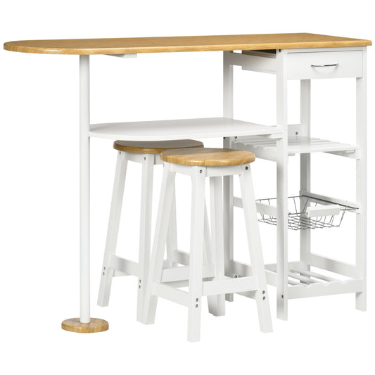 Photo of HOMCOM 3 Piece Bar Table Set, Breakfast Bar table and Stools with Storage Shelf, Drawer, Wire Basket and Wine Rack for Kitchen, Home Bar, Natural and White in White colour on a white background