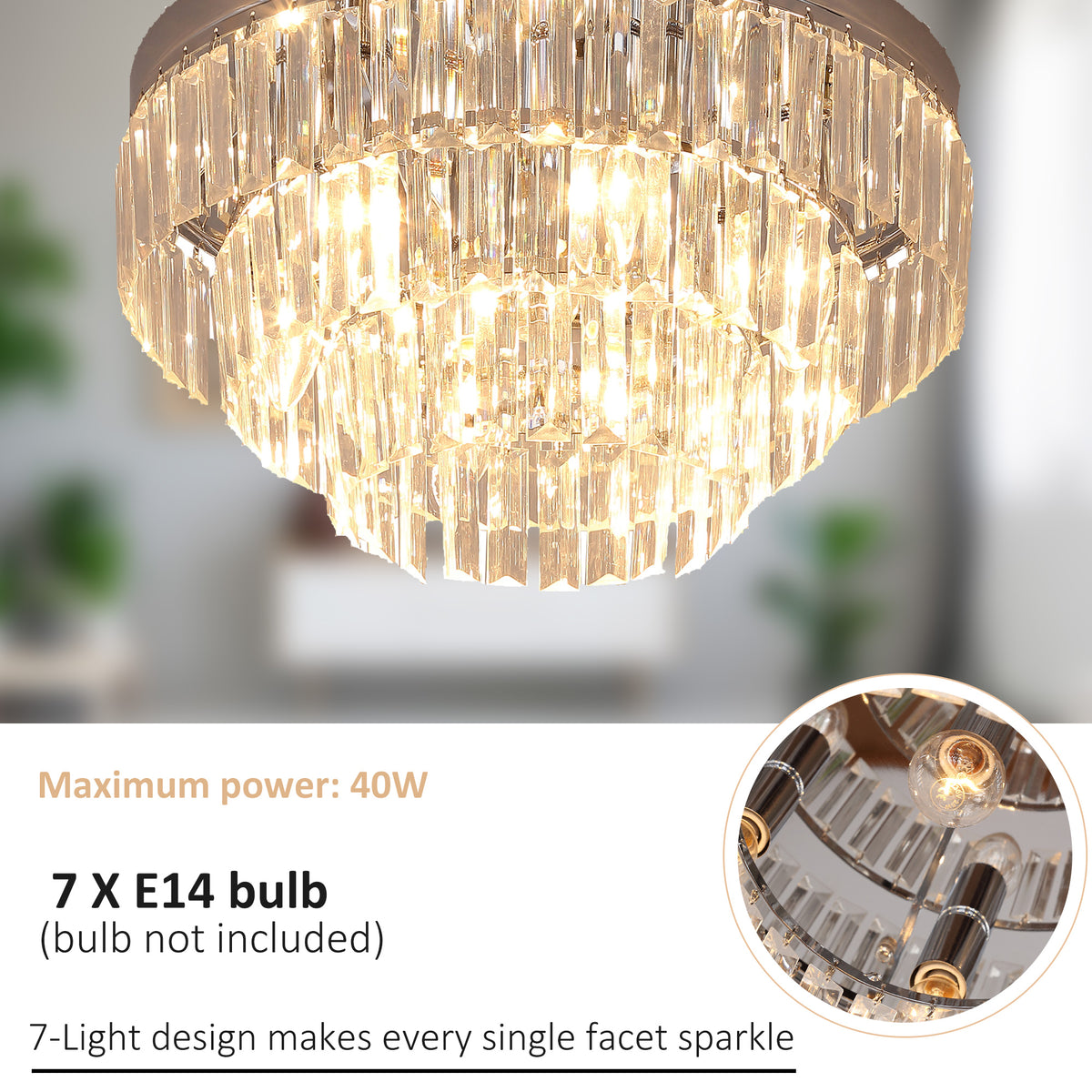 Lit crystal chandelier with seven E14 bulb sockets and layered clear drops