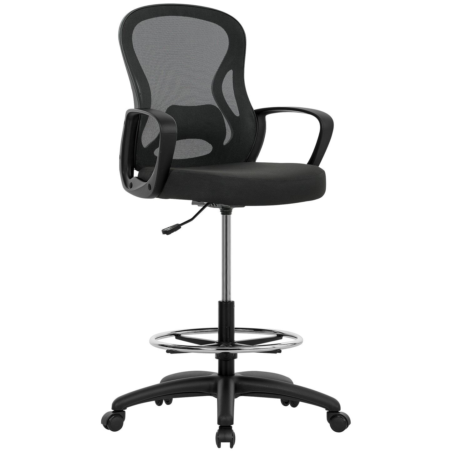 Photo of Vinsetto Drafting Chair with Adjustable Footrest, Ergonomic Mesh Office Chair with Lumbar Support, Adjustable Height for Standing Desk, Black in Black colour on a white background