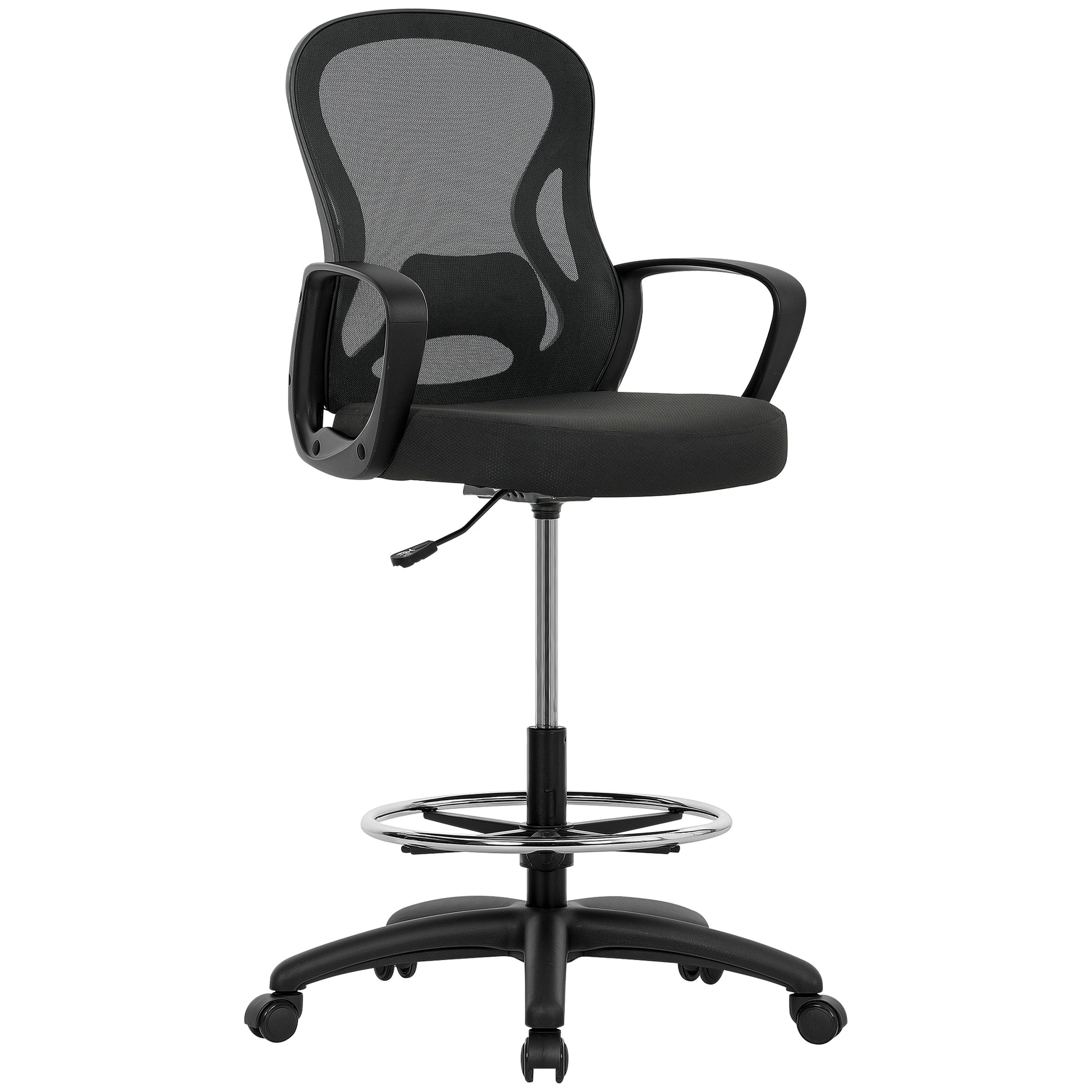 Photo of Vinsetto Drafting Chair with Adjustable Footrest, Ergonomic Mesh Office Chair with Lumbar Support, Adjustable Height for Standing Desk, Black in Black colour on a white background