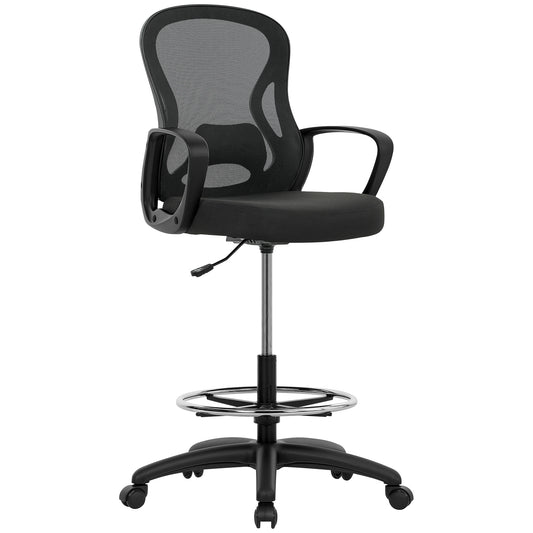Photo of Vinsetto Drafting Chair with Adjustable Footrest, Ergonomic Mesh Office Chair with Lumbar Support, Adjustable Height for Standing Desk, Black in Black colour on a white background