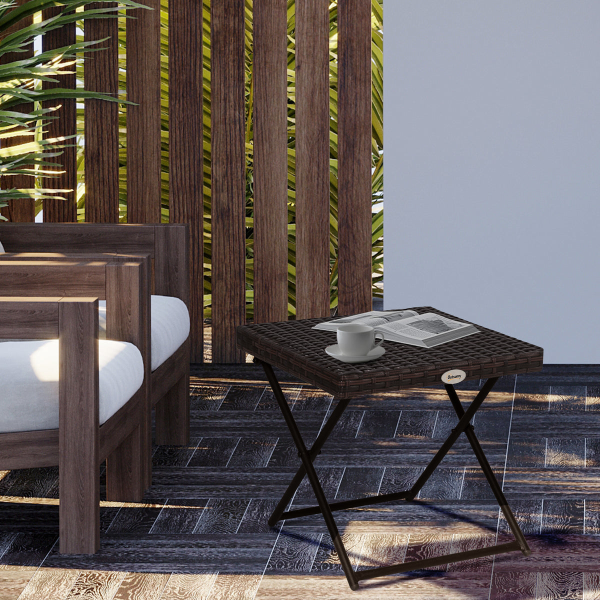 Outsunny Folding Garden Coffee Table, Wicker Outdoor Bistro Side Table with PE Rattan Top for Patio, Balcony, Porch, 40 x 40 x 40 cm, Brown