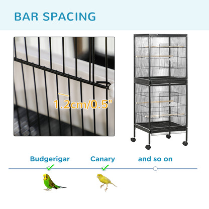 Black bird cage with 1.2 cm bar spacing, shown with a budgerigar and canary.