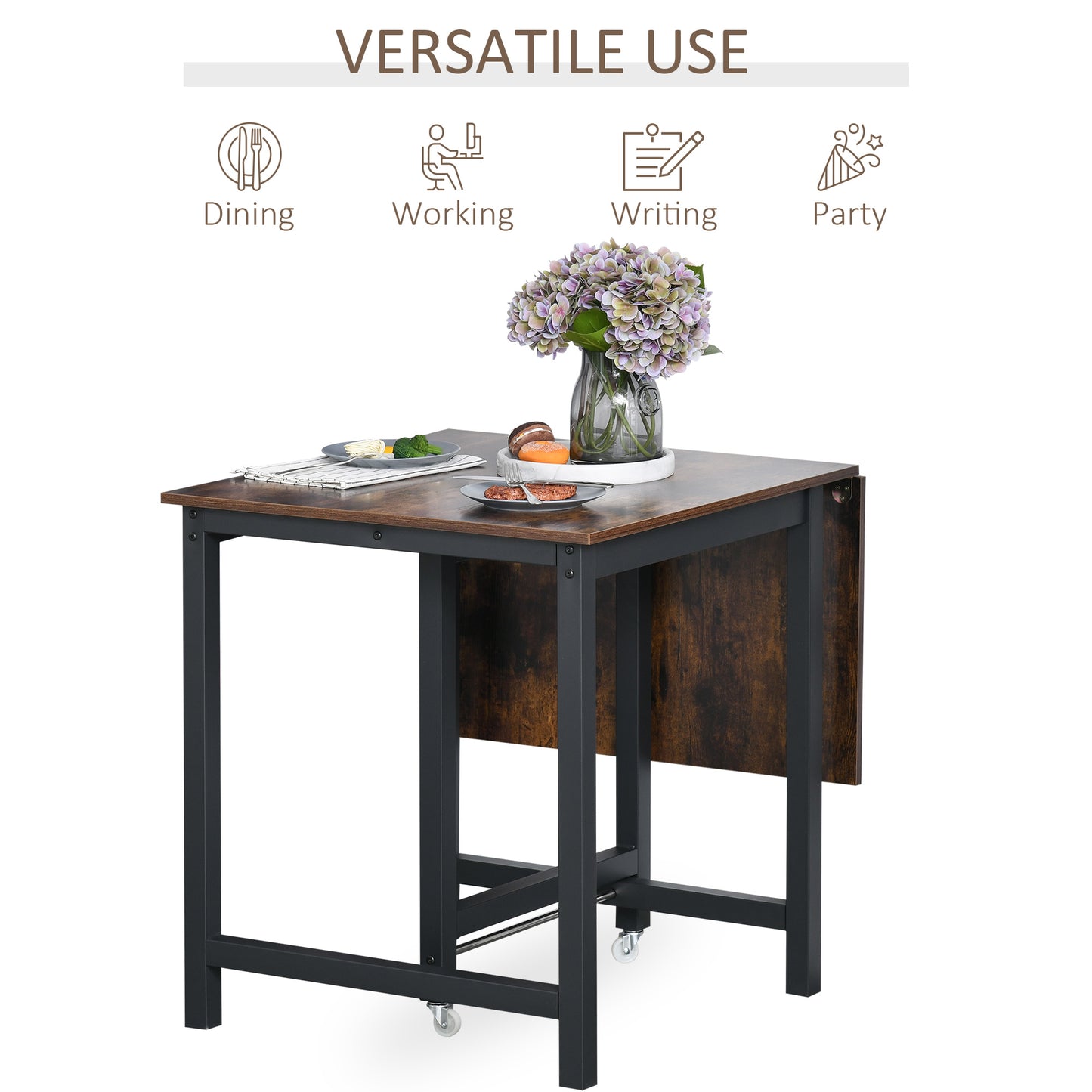 HOMCOM Folding Dining Table, Industrial Drop Leaf Table with Wheels and Metal Frame for Kitchen, Dining Room, Space Saving, Rustic Brown