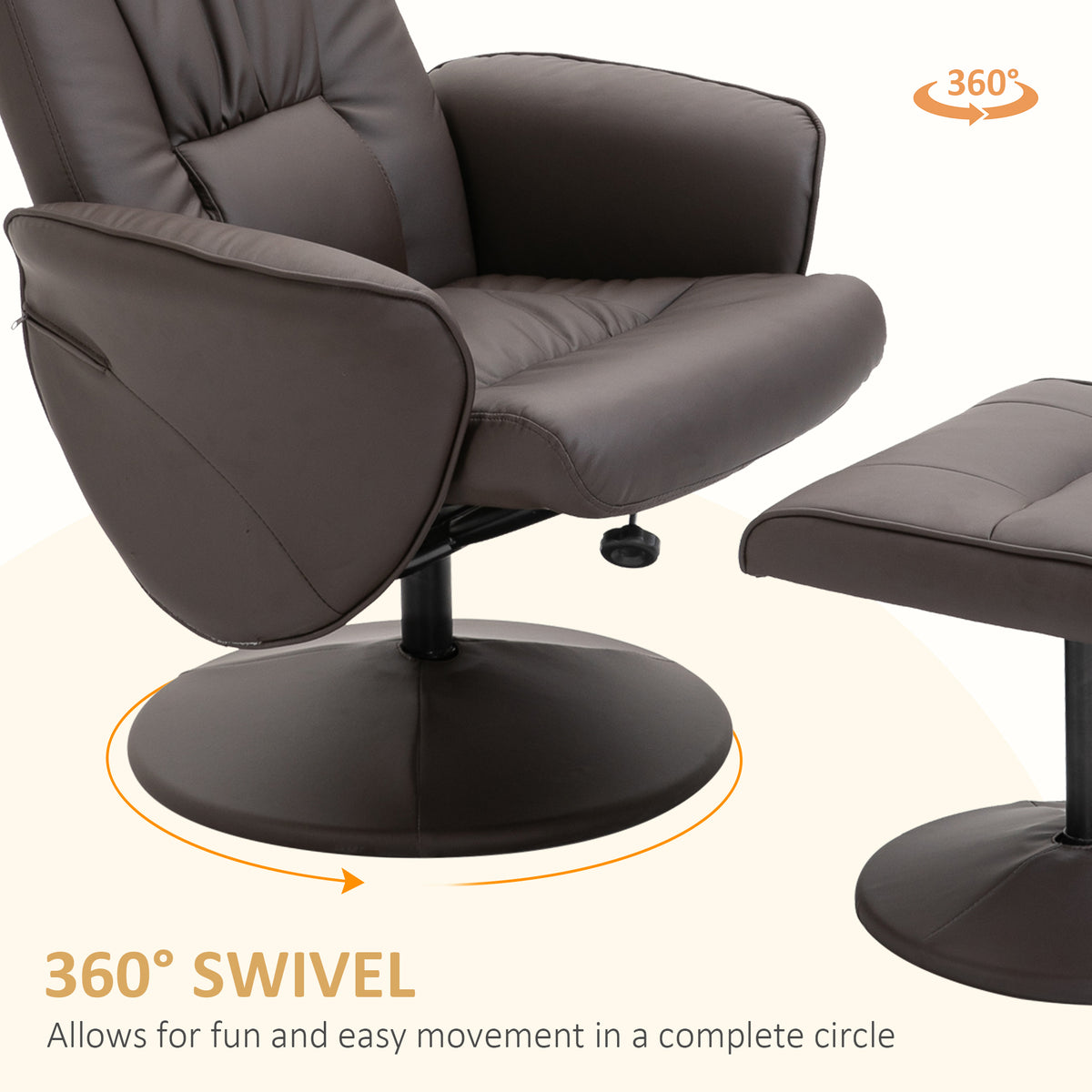 Close view of brown recliner chair's padded seat, armrests, and swivel base with footstool