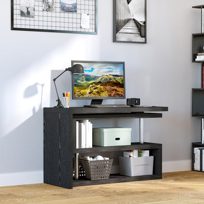 Black desk with two-tier shelves and storage bins, arranged as a straight workstation.