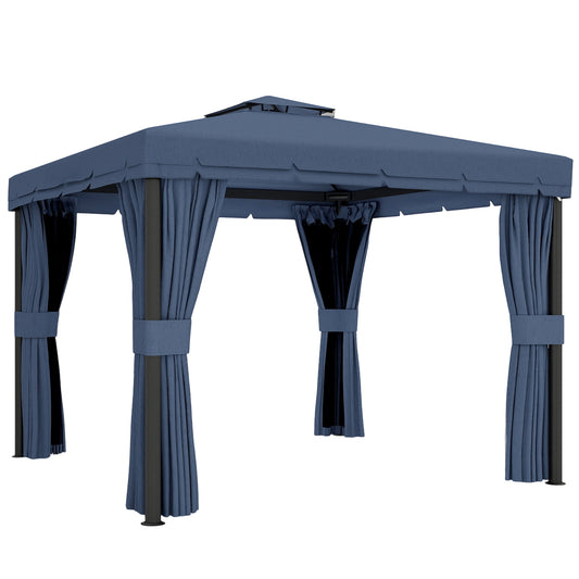 Photo of Outsunny 3 x 3(m) Patio Gazebo Canopy Garden Pavilion Tent Shelter Marquee with 2 Tier Roof, Netting and Curtains, Dark Blue in Blue colour on a white background