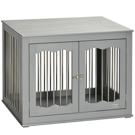 Photo of PawHut Dog Crate End Table Furniture Style Dog Cage w/ Three Doors, Locks and Latches - Grey in Grey colour on a white background