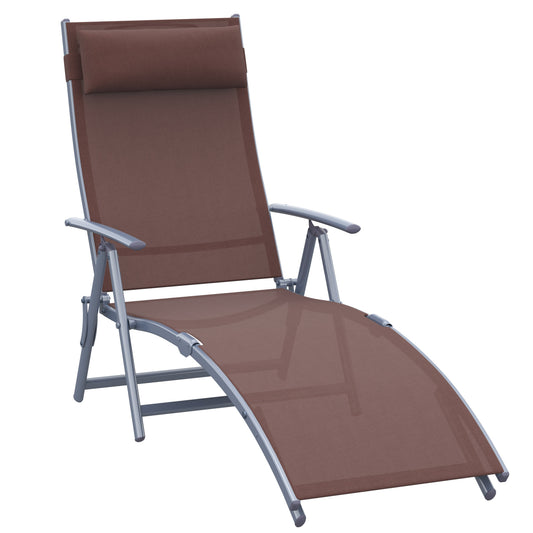 Photo of Outsunny Sun Lounger Steel Frame Outdoor Folding Chaise Texteline Lounge Chair Recliner with Headrest & 7 Levels Adjustable Backrest, Brown in Brown colour on a white background