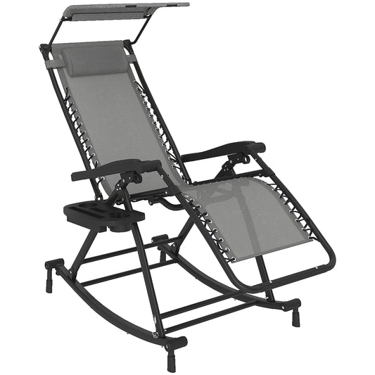 Photo of Outsunny Garden Rocking Chair Folding Recliner Outdoor Adjustable Sun Lounger Rocker Zero-Gravity Seat with Headrest Side Holder Patio Deck - Grey in Grey colour on a white background