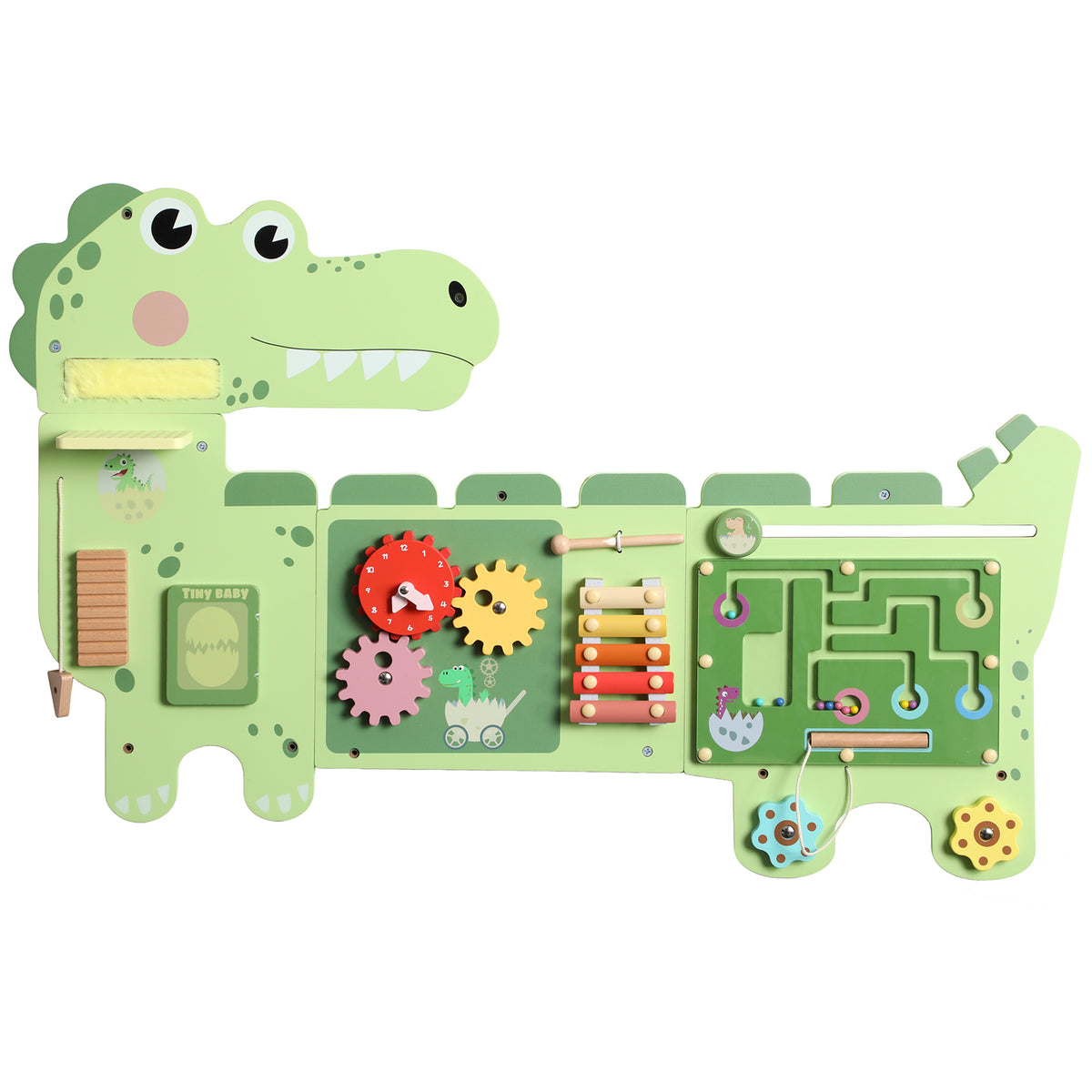Photo of AIYAPLAY Busy Board Panels, Wall Mounted Montessori Inspired Busy Board, Toddler Learning Centre Dinosaur Theme, Green in Green colour on a white background