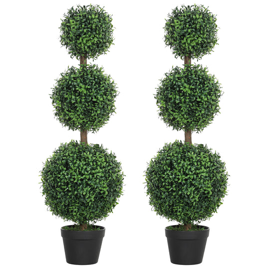 Photo of HOMCOM Set of 2 Decorative Artificial Trees, Topiary Ball-shaped Boxwood Trees in Pot, Fake Plants for Home Indoor outdoor Decor, 100cm, 3 Tree Balls in Balls colour on a white background