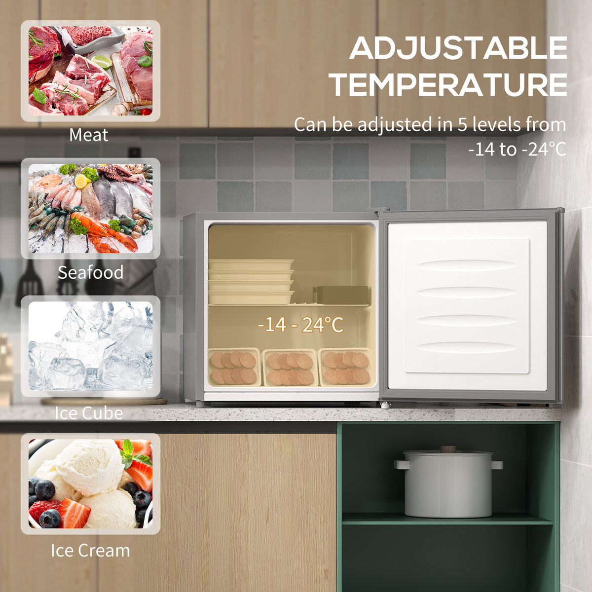 HOMCOM mini freezer with the door open, showing an interior shelf and storage space