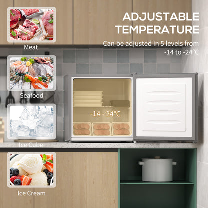 HOMCOM mini freezer with the door open, showing an interior shelf and storage space