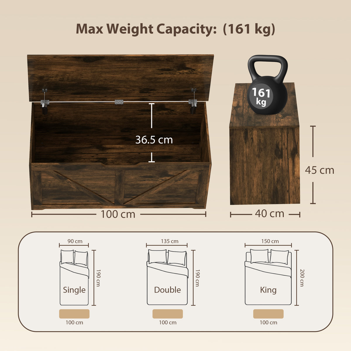 HOMCOM 127L Home Storage Box, with Safety Hinges - Rustic Brown Wood-Effect