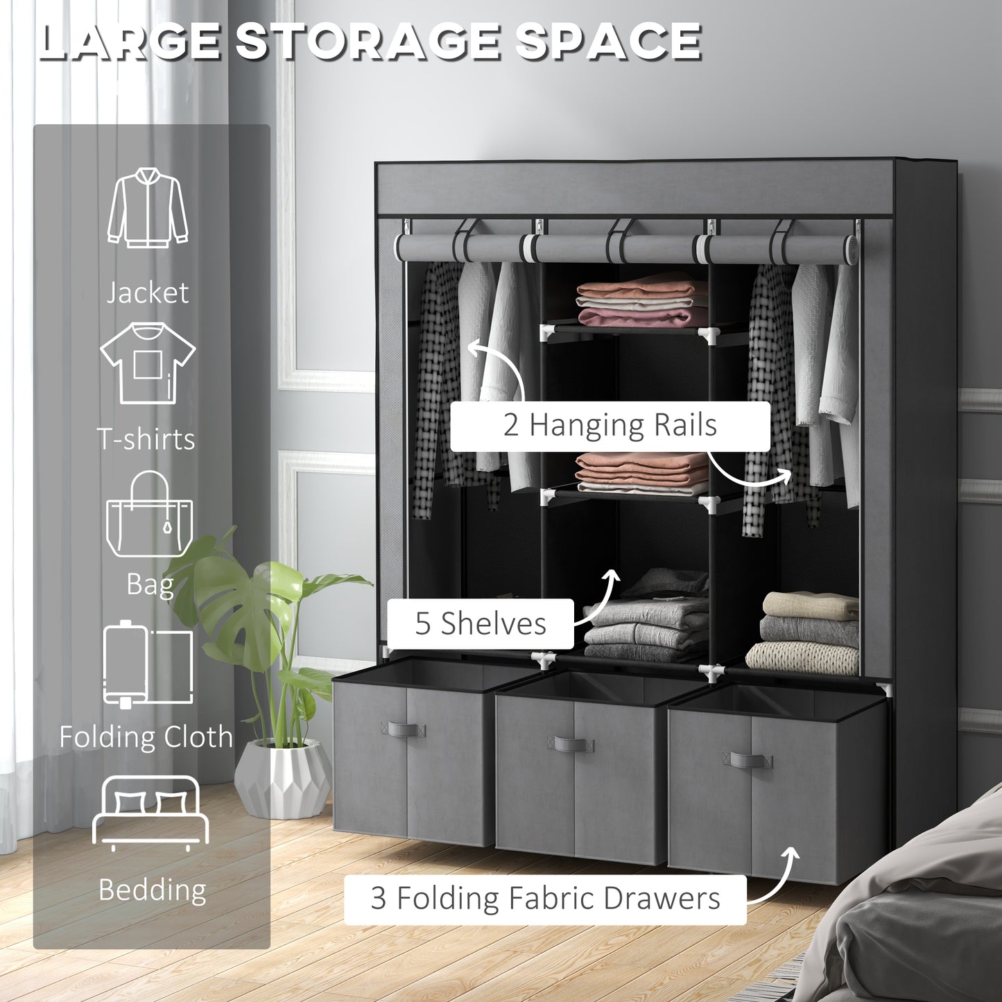 HOMCOM Foldable Fabric Wardrobe for Bedroom, Portable Wardrobe with 5 Shelves, 2 Hanging Rails and 3 Fabric Drawers, Dark Grey