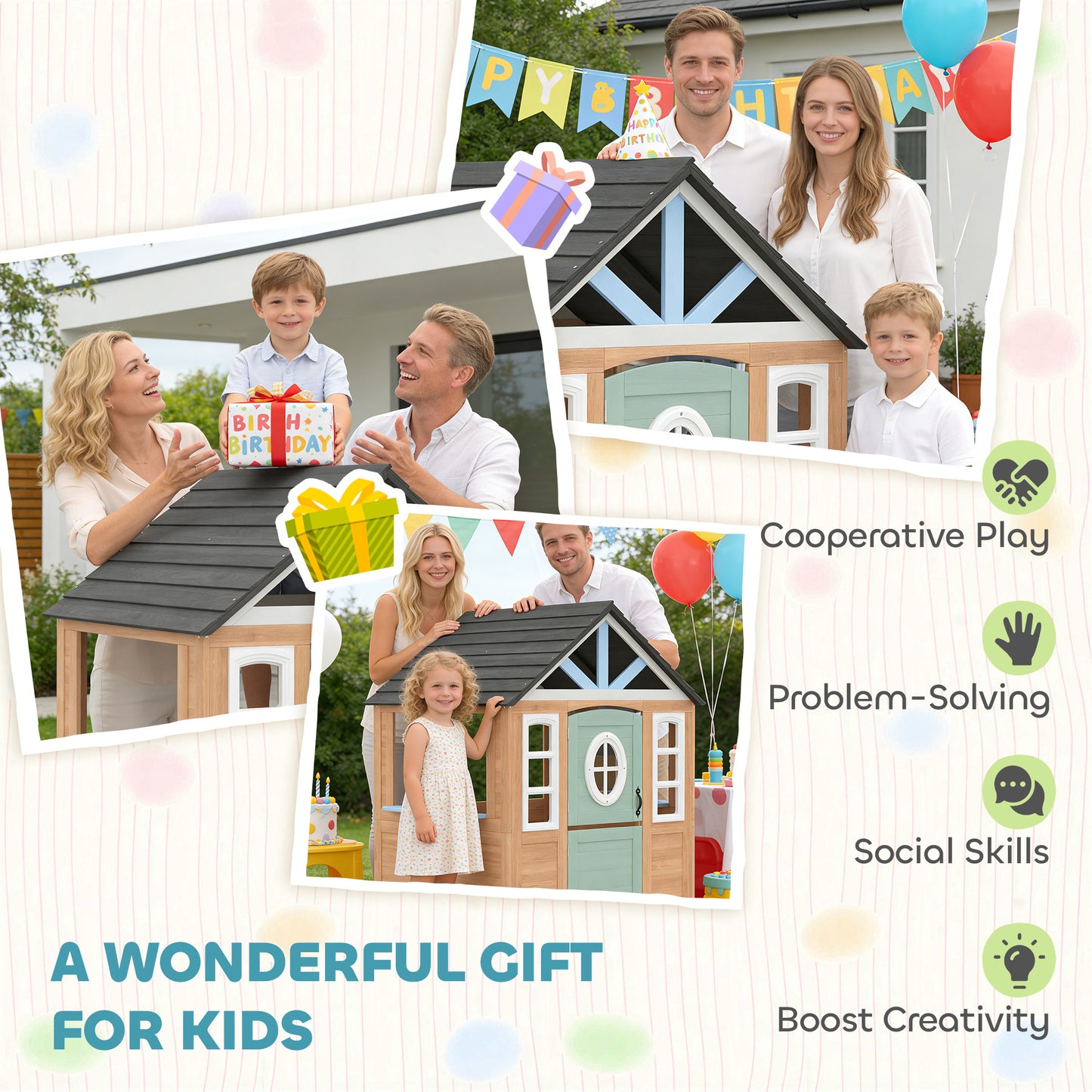 AIYAPLAY Wooden Playhouse for Kids, Wendy House with Pet Door, Play Kitchen, Half Door and Windows for Indoor Outdoor, Ages 2+