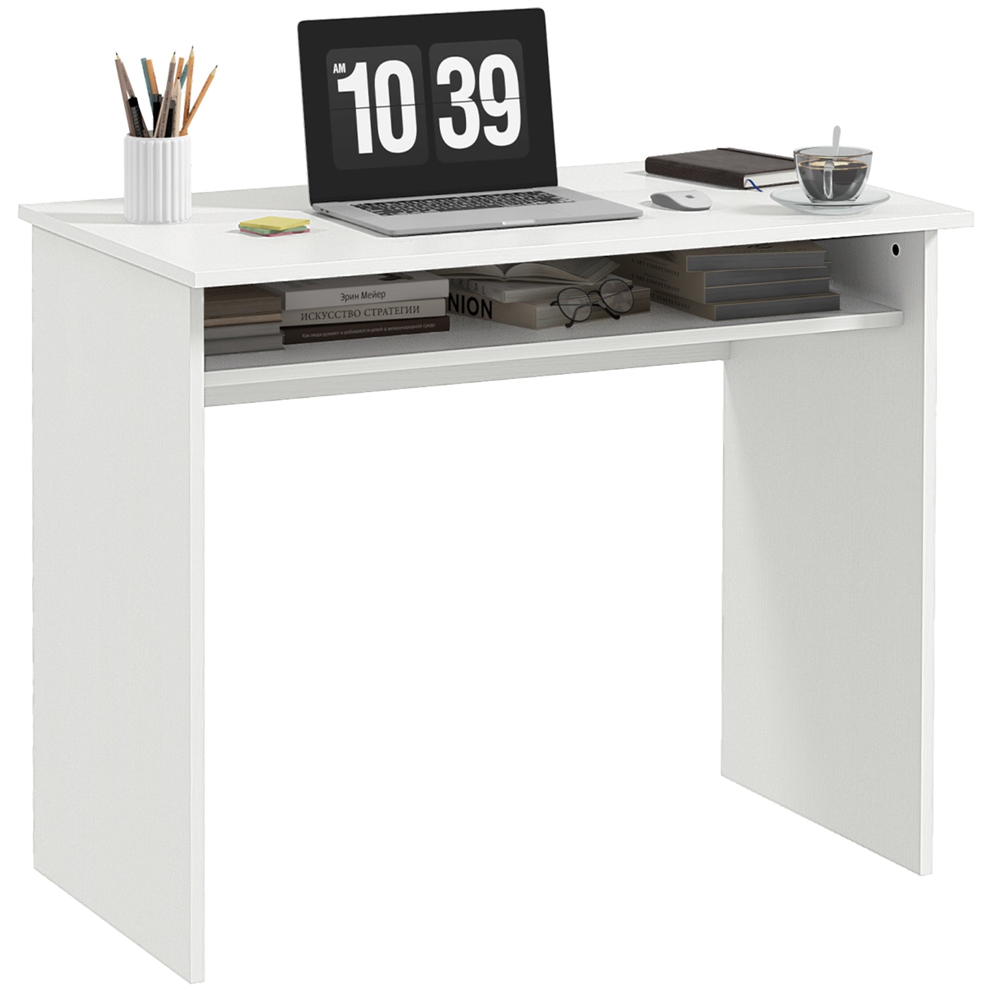 Photo of HOMCOM Modern Computer Desk, Home Office Table, Small Writing Desk with Storage Shelf, 90 x 50cm, White Wood Grain in Grain colour on a white background