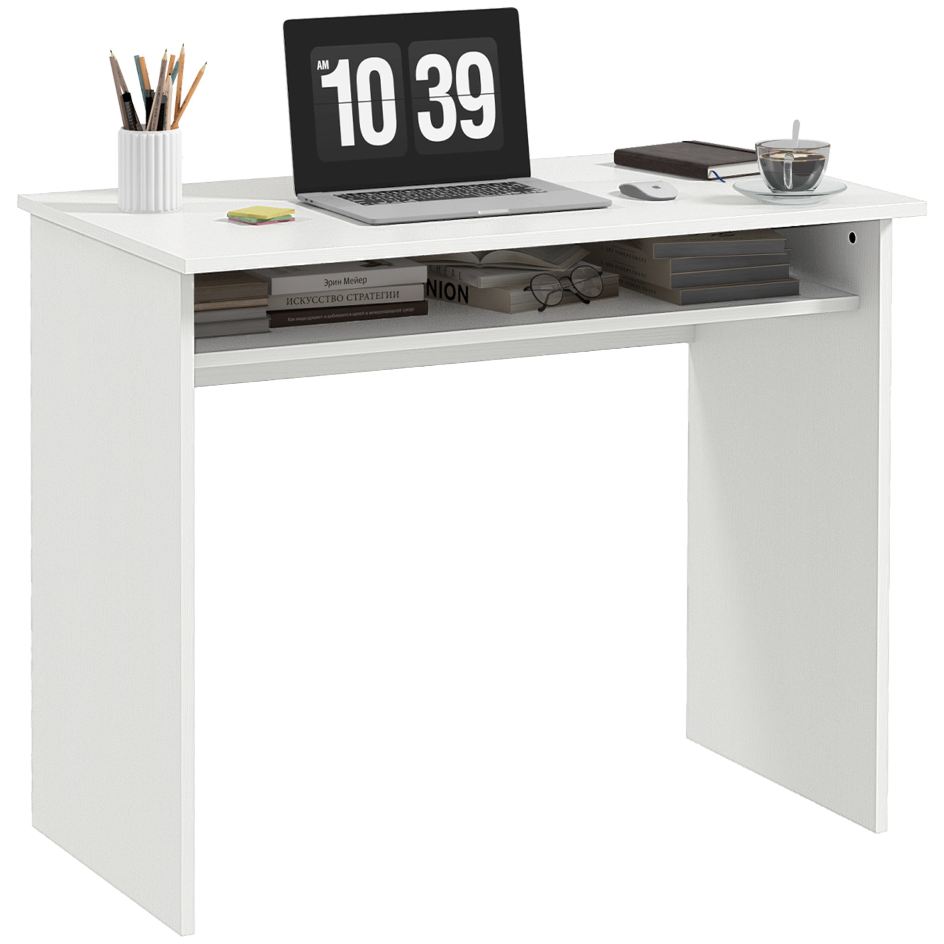 Photo of HOMCOM Modern Computer Desk, Home Office Table, Small Writing Desk with Storage Shelf, 90 x 50cm, White Wood Grain in Grain colour on a white background