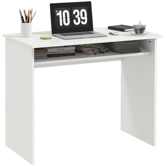 Photo of HOMCOM Modern Computer Desk, Home Office Table, Small Writing Desk with Storage Shelf, 90 x 50cm, White Wood Grain in Grain colour on a white background