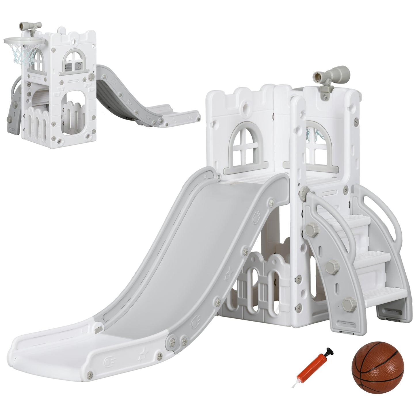 Photo of AIYAPLAY 5 in 1 Toddler Slide with Basketball Hoop, Climber, Telescope, Storage Basket, for Ages 1-3 Years, Grey in Grey colour on a white background
