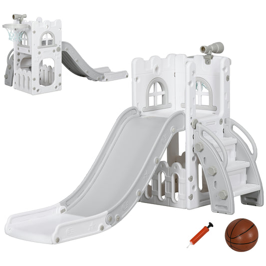 Photo of AIYAPLAY 5 in 1 Toddler Slide with Basketball Hoop, Climber, Telescope, Storage Basket, for Ages 1-3 Years, Grey in Grey colour on a white background