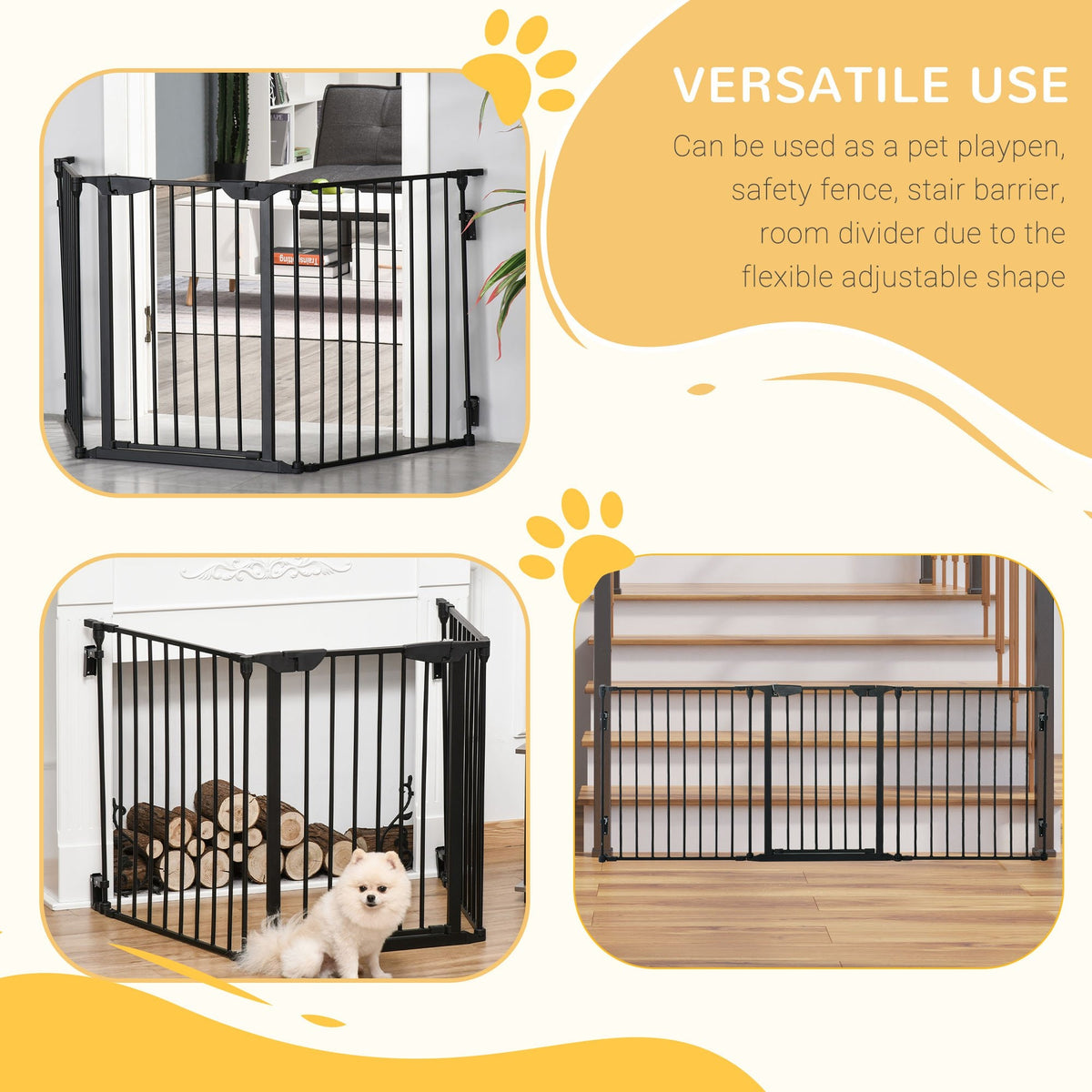 PawHut black metal pet gate arranged as a playpen, fireplace barrier, and stair guard