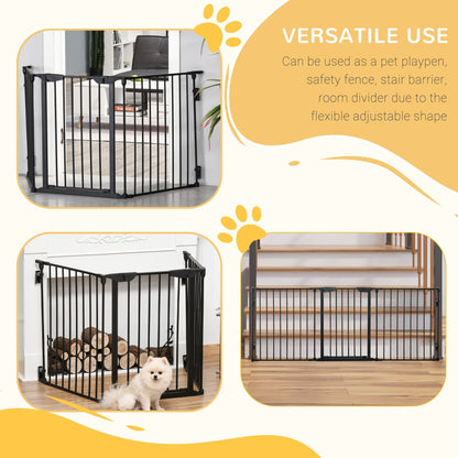 PawHut black metal pet gate arranged as a playpen, fireplace barrier, and stair guard