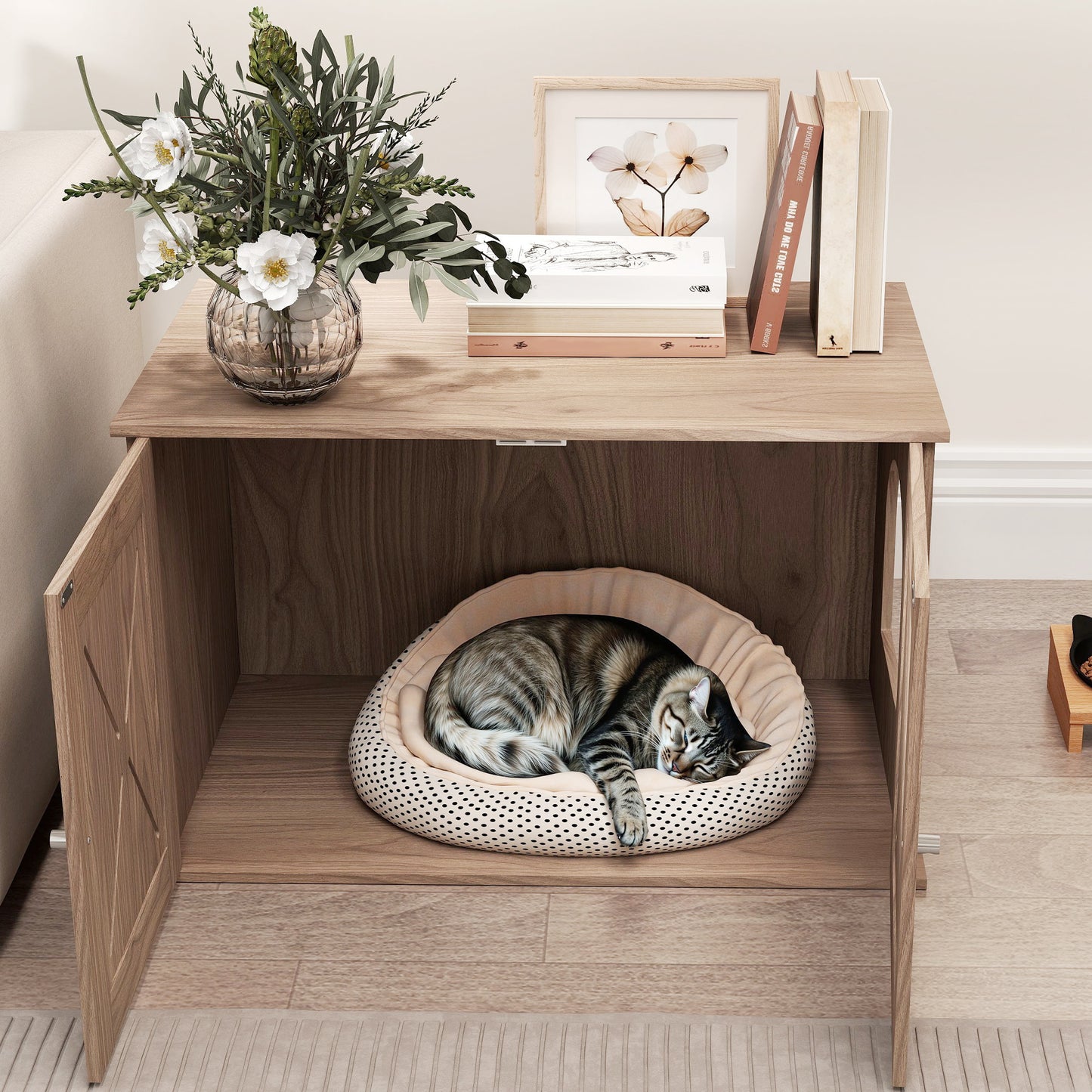 PawHut Cat Litter Box Enclosure with Double Doors and Side Entrance, Non-Slip Pads for Living Room, Walnut Brown