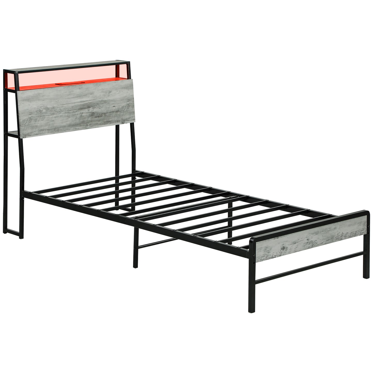 Photo of HOMCOM Single Steel Bed Frame, with LED Lights and Shelf - Grey in Grey colour on a white background