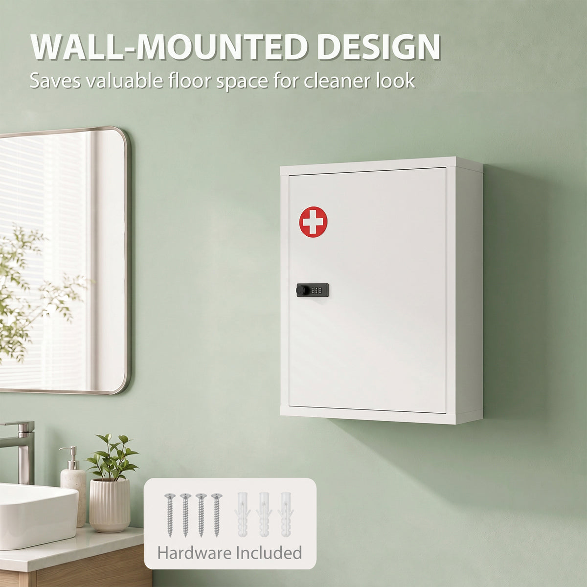 HOMCOM Wall Mount Medicine Cabinet, Bathroom Cabinet with Combination Lock, Door and Storage Shelves, White