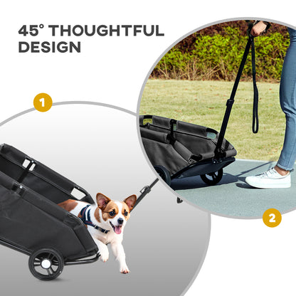 Black pet wagon with a tilted handle, shown carrying a small dog.