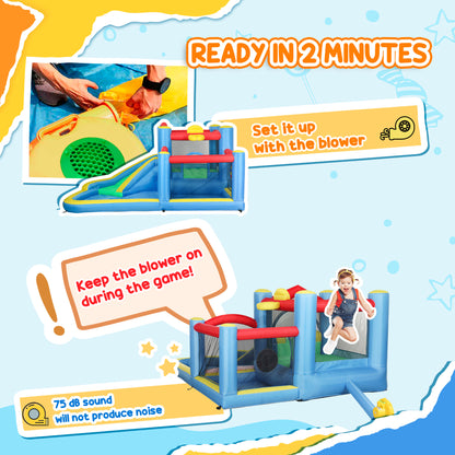 AIYAPLAY inflatable bouncy castle shown with its blower and setup instructions