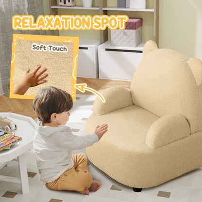Khaki bear-shaped toddler armchair with soft textured upholstery and rounded arms