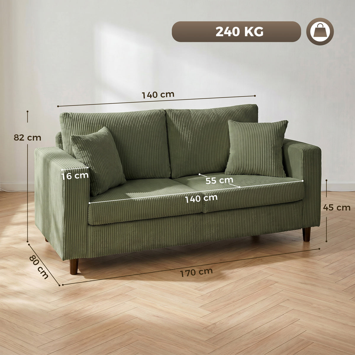HOMCOM Loveseat Sofa with Wide Seat, Corduroy 2 Seater Couch with Deep Seat, Spring Cushion, Green