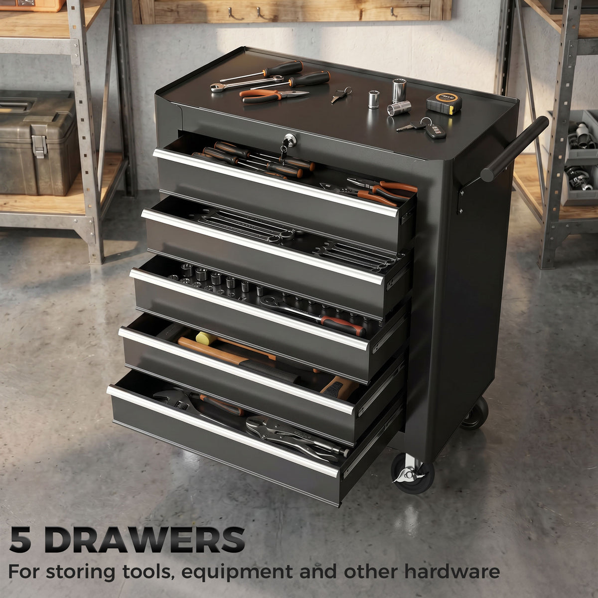 Black HOMCOM tool chest with five open drawers holding tools