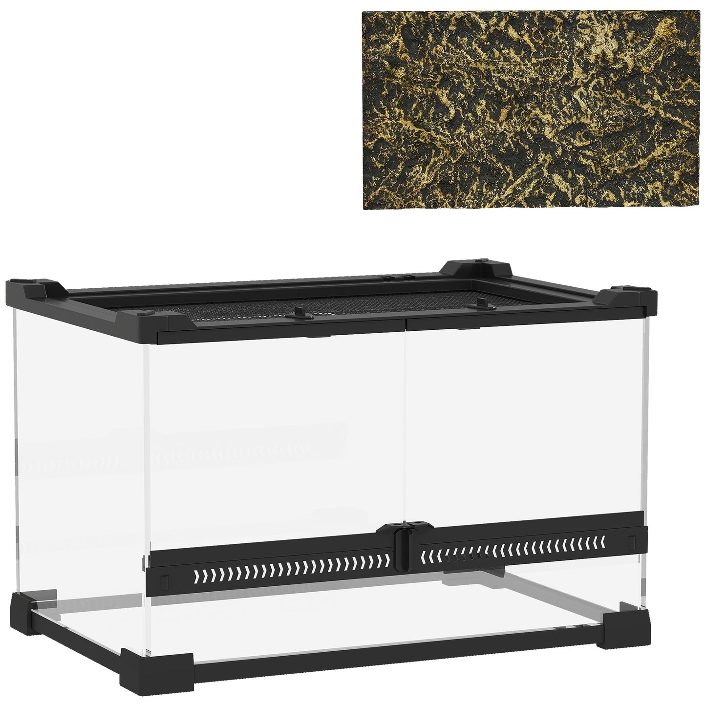 Photo of PawHut Reptile Glass Terrarium with Stone Background, Front Ventilation, Escape-Proof Knob Lock, 30 x 20 x 20 cm, Black in Black colour on a white background